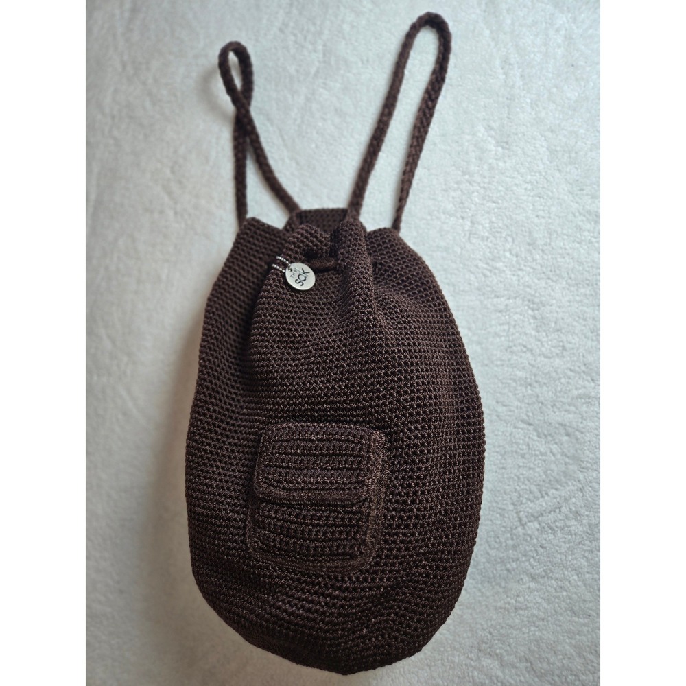 The Sak Crochet Shoulder Bag Brown Knit Hobo Purse with Silver Logo Charm